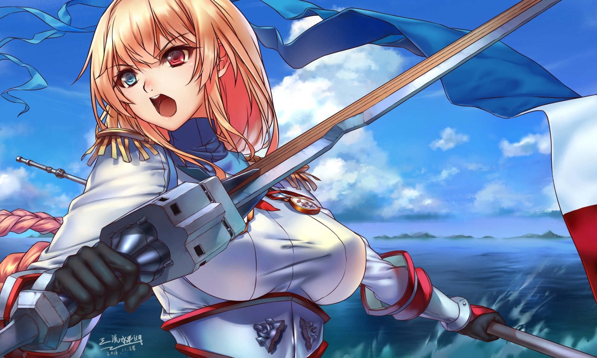 HD PC desktop wallpaper: anime Warship Girls Joan of Arc–style blonde with heterochromia, shouting as she brandishes a sword, French flag billowing over the ocean.