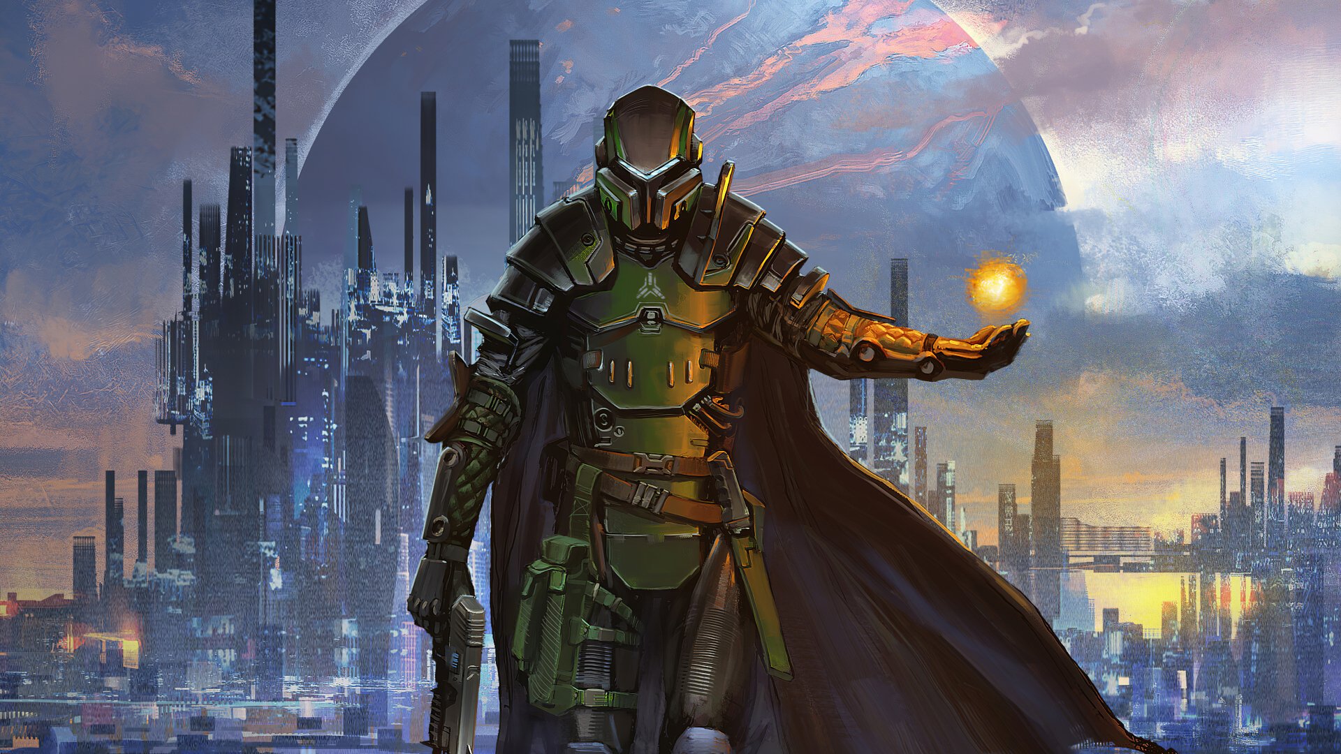 A futuristic warrior stands in front of a sprawling sci-fi city with towering structures and a glowing planet in the background, rendered in vibrant 4K Ultra HD detail.