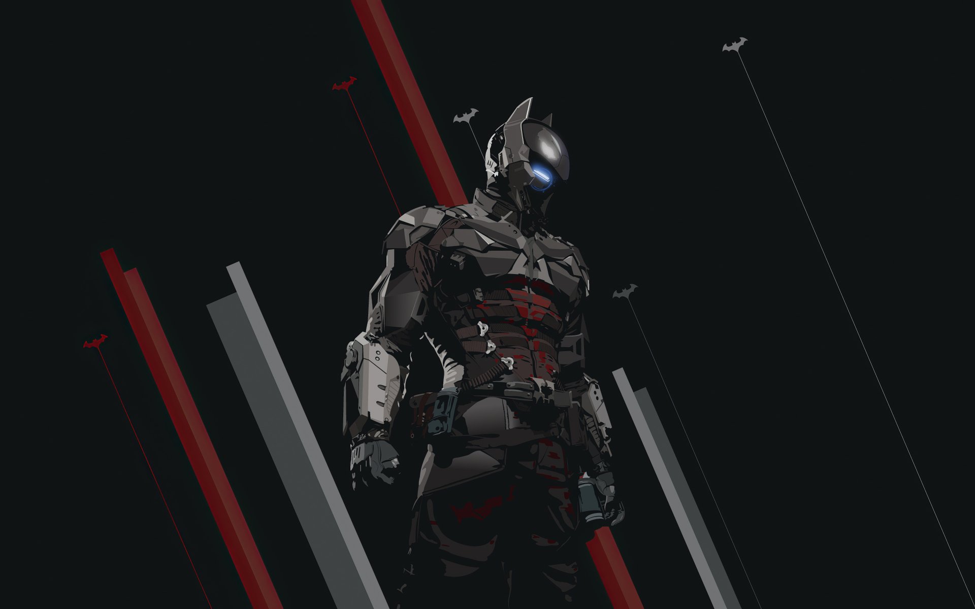 Jason Todd as Arkham Knight (DC Comics) in armored Batman suit with glowing blue visor, standing among red and gray pillars and bats — 4K Ultra HD PC desktop wallpaper.