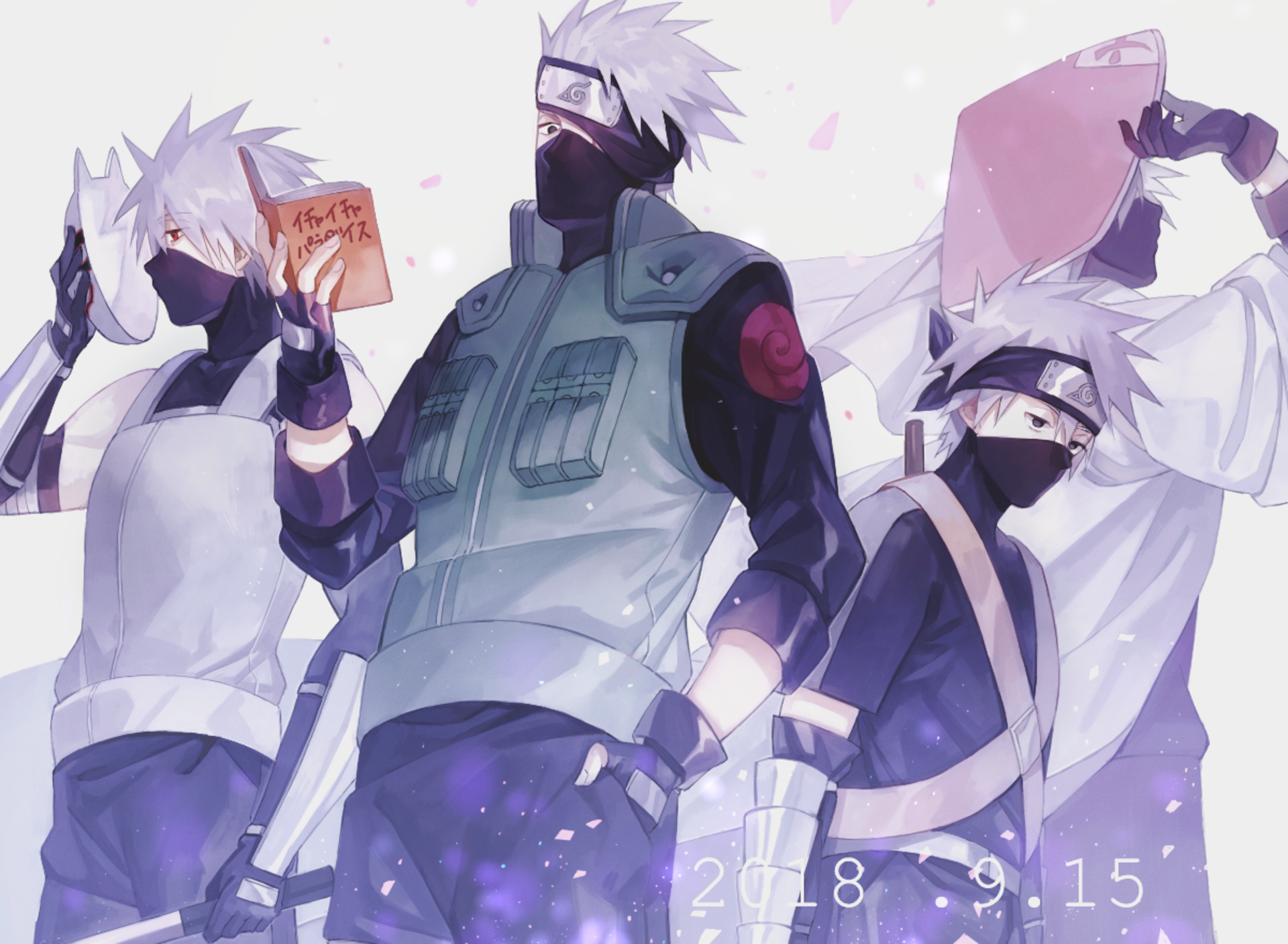 HD PC desktop wallpaper featuring Kakashi Hatake from the anime Naruto, showcasing three dynamic poses of the character with his signature mask and headband.