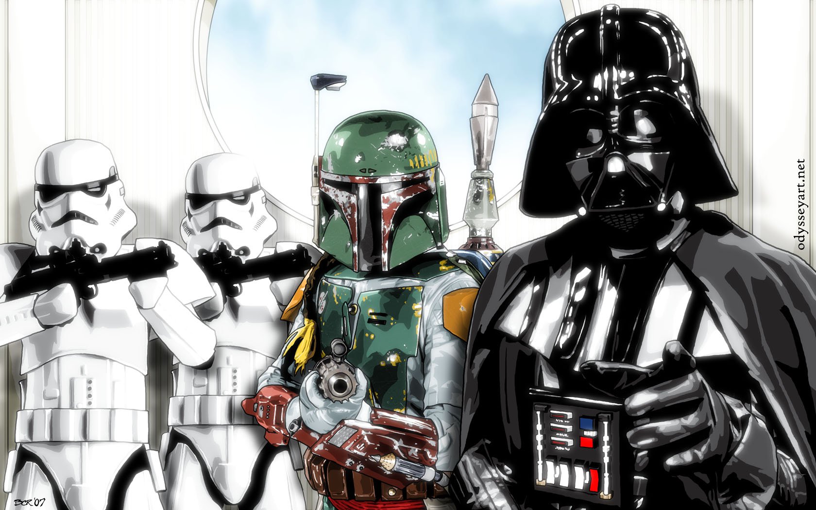 HD PC desktop wallpaper/background, Star Wars sci‑fi scene: Darth Vader, Boba Fett and two stormtroopers standing together in a bright corridor.