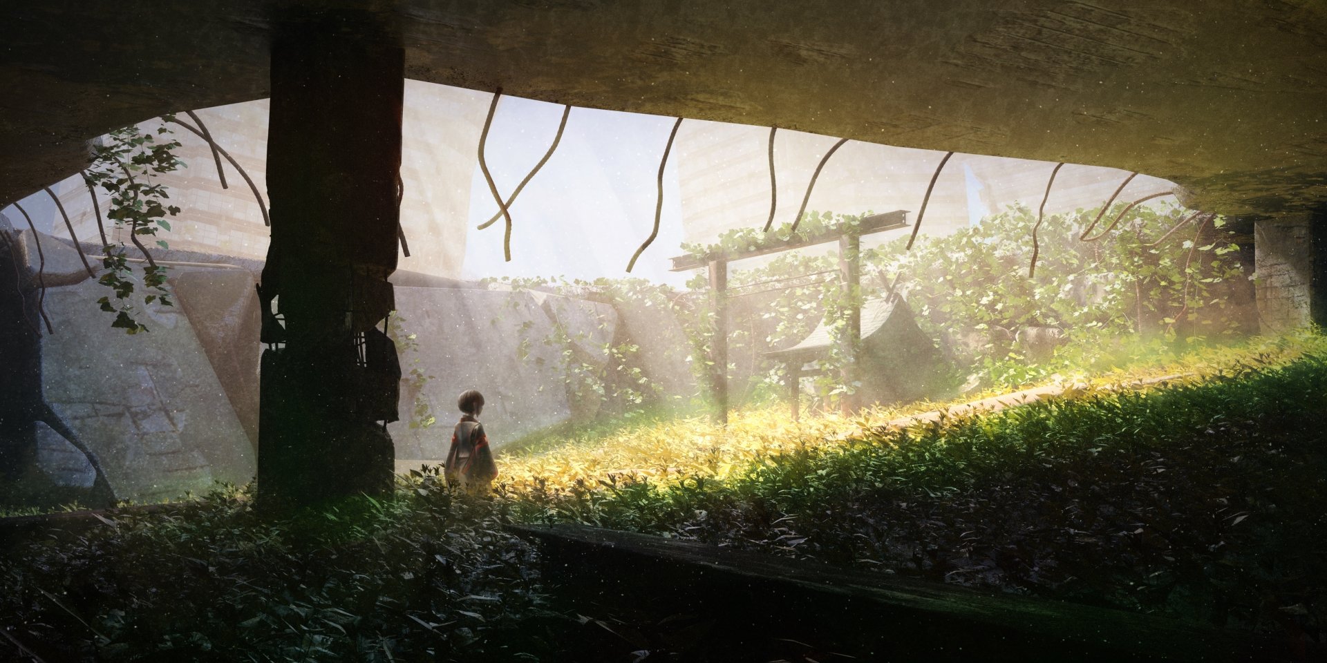A serene 4K Ultra HD anime-style desktop wallpaper depicting a lone figure standing near a torii gate amid lush ruins bathed in soft sunlight.