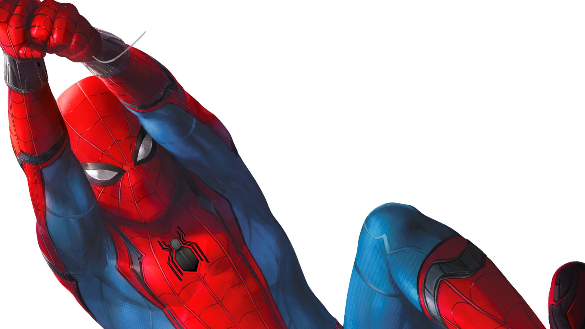 Spider-Man (Peter Parker) in his red-and-blue suit mid-swing on a white background, Spider-Man: Homecoming movie-themed 2K Quad HD PC desktop wallpaper.