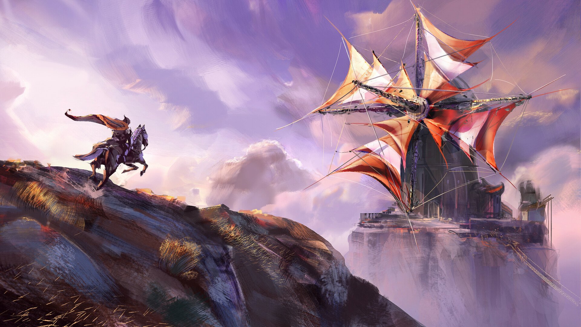 Fantasy HD PC desktop wallpaper: a lone rider on horseback atop a cliff surveys a towering windmill-building with red sails floating above misty clouds.