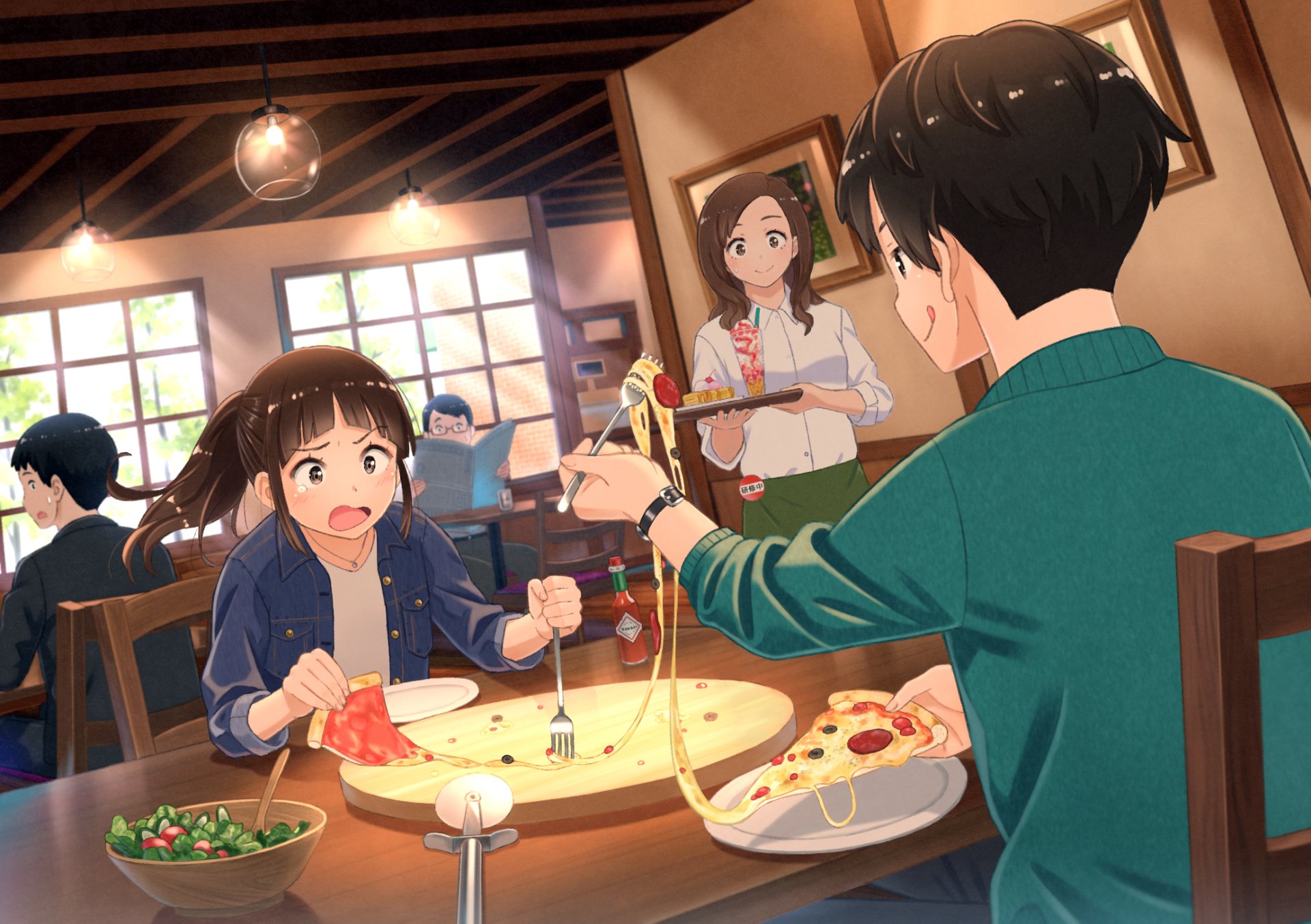 Anime-style HD desktop wallpaper featuring a girl with a ponytail and short hair excitedly eating pizza with friends in a cozy restaurant setting.