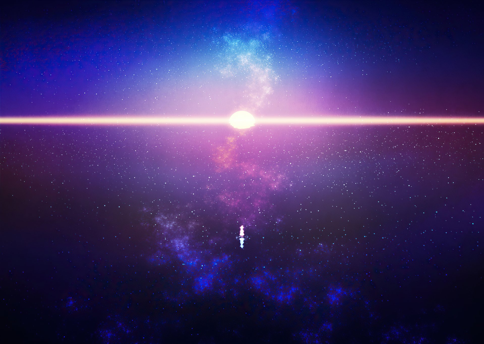 HD anime-style desktop wallpaper featuring a vibrant star and cosmic background blending deep blues and purples with bright light effects in an original composition.