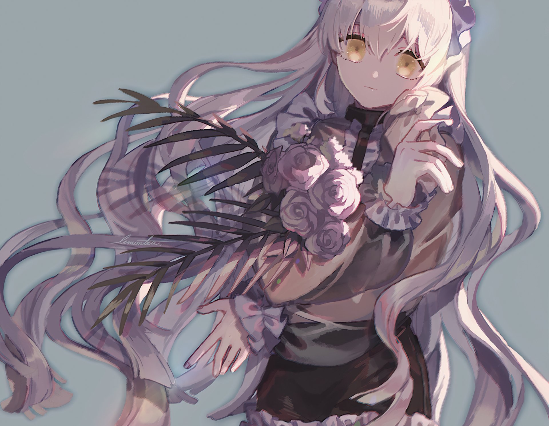 Anime original with long, flowing silver hair clutching roses and dark feathers, soft pastel tones, 2K Quad HD PC desktop wallpaper and background.