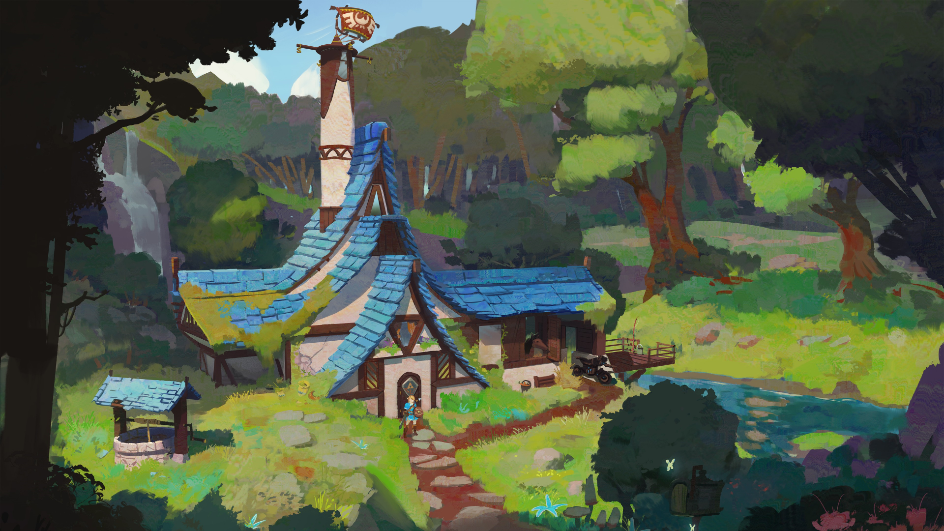 4K Ultra HD desktop wallpaper featuring a vibrant, stylized landscape from The Legend of Zelda: Breath of the Wild, showcasing a rustic house surrounded by lush greenery.