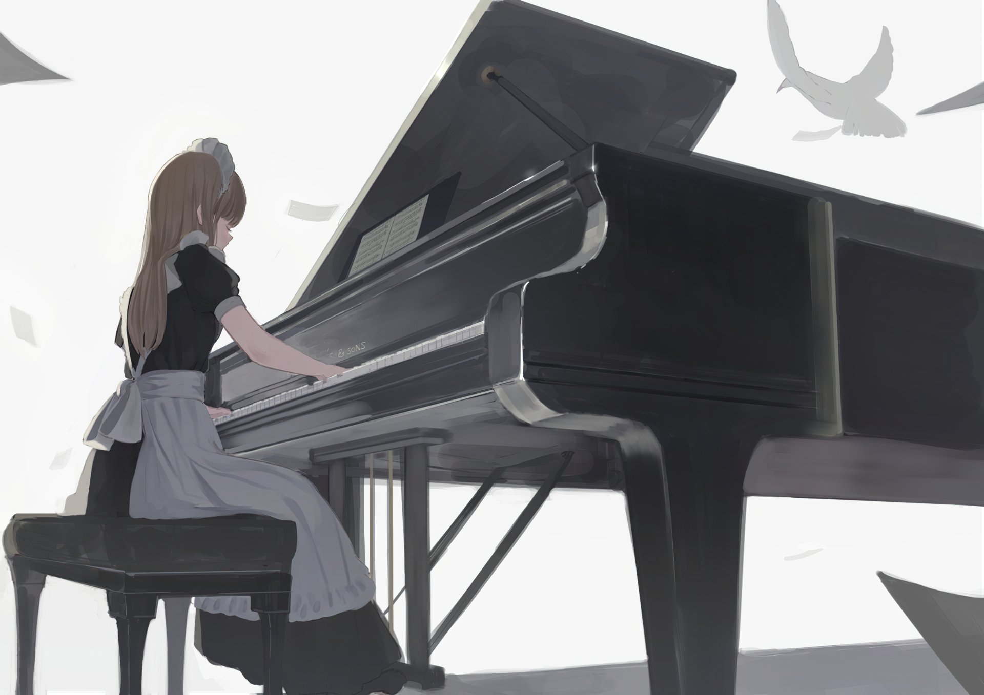 2K Quad HD PC desktop wallpaper: anime maid in a classic uniform seated at a grand piano, playing as sheet music and petals drift — a calm, musical background.
