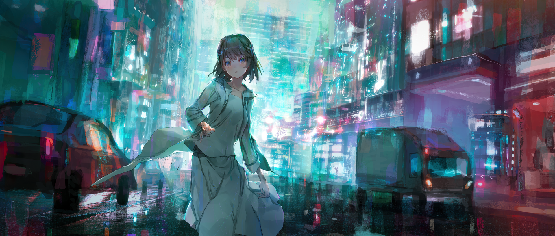 HD anime-style original artwork of a girl standing in a futuristic, neon-lit cityscape, designed as a vibrant PC desktop wallpaper and background.