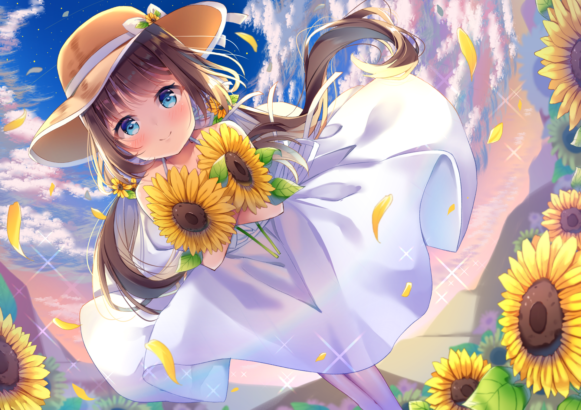 Anime girl in a white dress and sunhat holding sunflowers, surrounded by bright sunflowers under a vibrant blue sky, rendered in 4K Ultra HD for a PC desktop wallpaper.