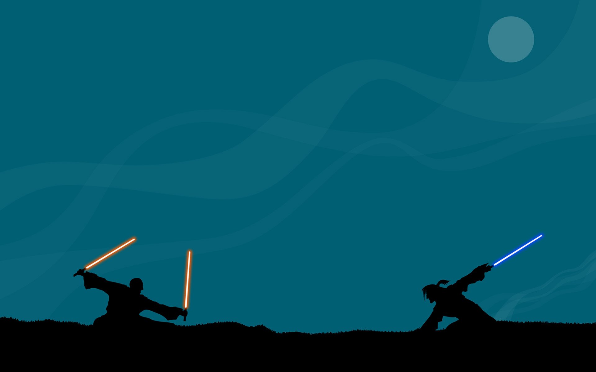 Silhouettes of two figures duel with glowing lightsabers against a deep blue background, embodying the essence of sci-fi in a Star Wars-inspired HD desktop wallpaper.