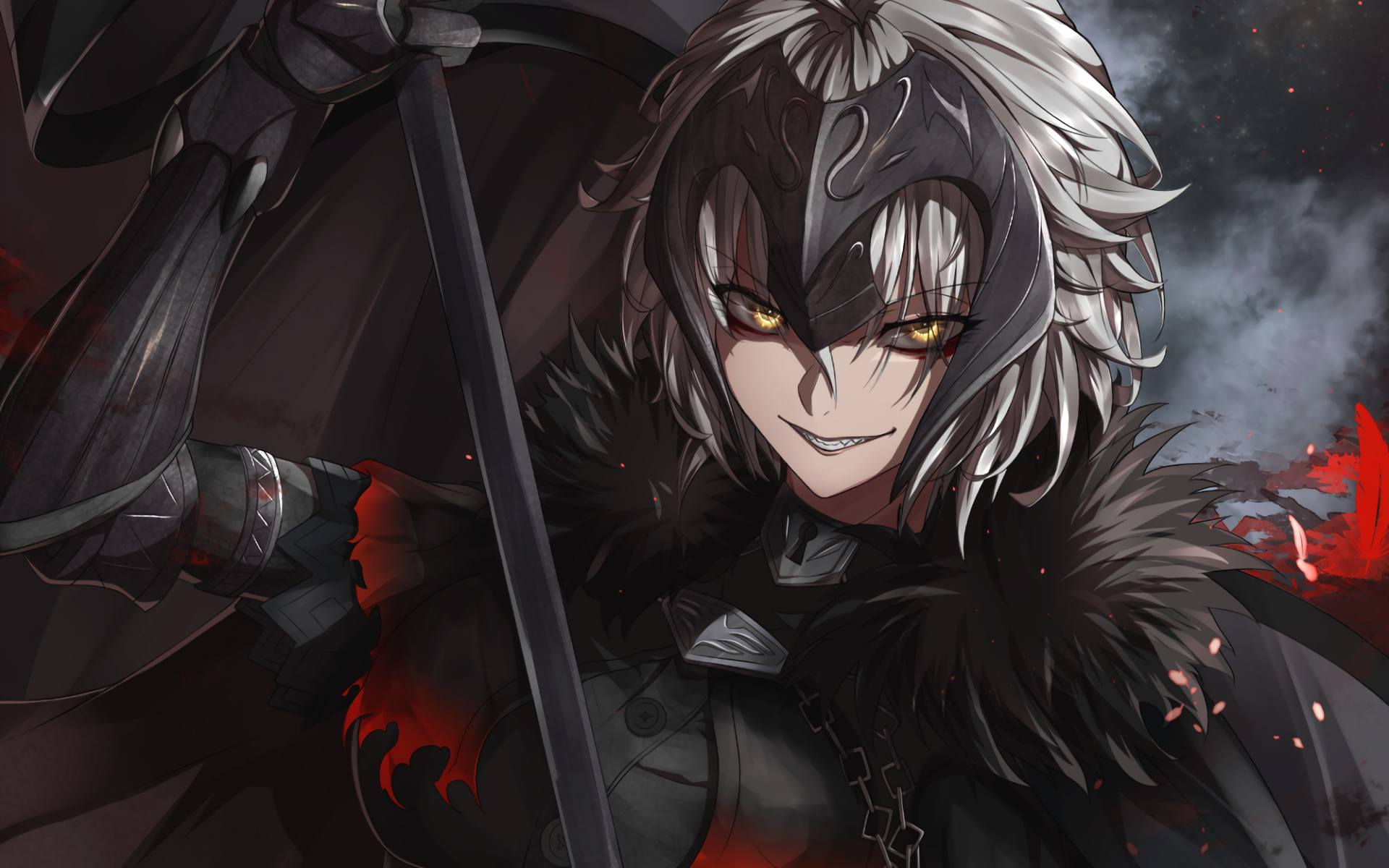 HD anime wallpaper of Jeanne d'Arc Alter from Fate/Grand Order with short silver hair, glowing yellow eyes, and dark armor, exuding a fierce Avenger presence.