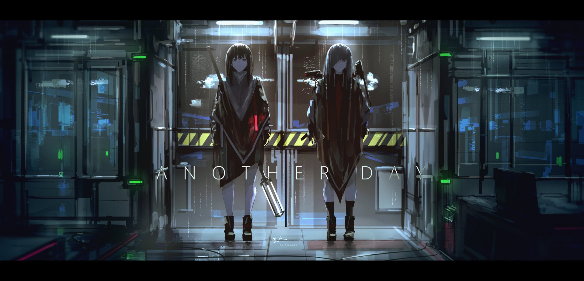 HD anime original PC desktop wallpaper featuring two girls standing side by side in a futuristic, dimly lit urban setting with the text ANOTHER DAY displayed.