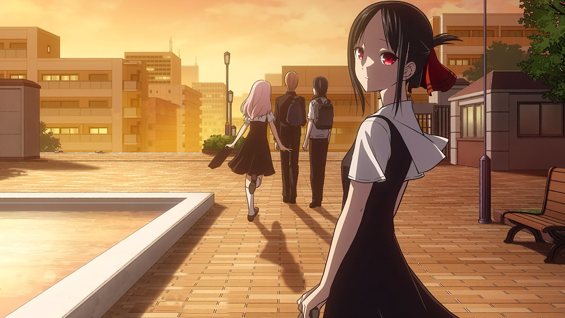 HD PC desktop wallpaper featuring Chika Fujiwara, Miyuki Shirogane, and Kaguya Shinomiya from the anime Kaguya-sama: Love is War at sunset on a school campus.