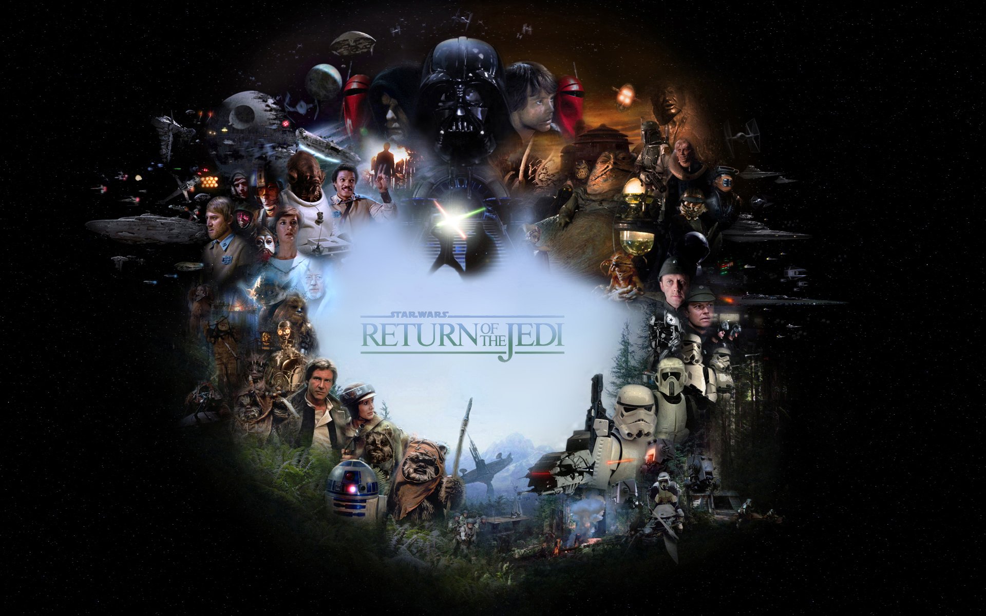 HD PC desktop wallpaper featuring iconic Star Wars characters and scenes from Return of the Jedi, blending sci-fi elements in a dynamic collage.
