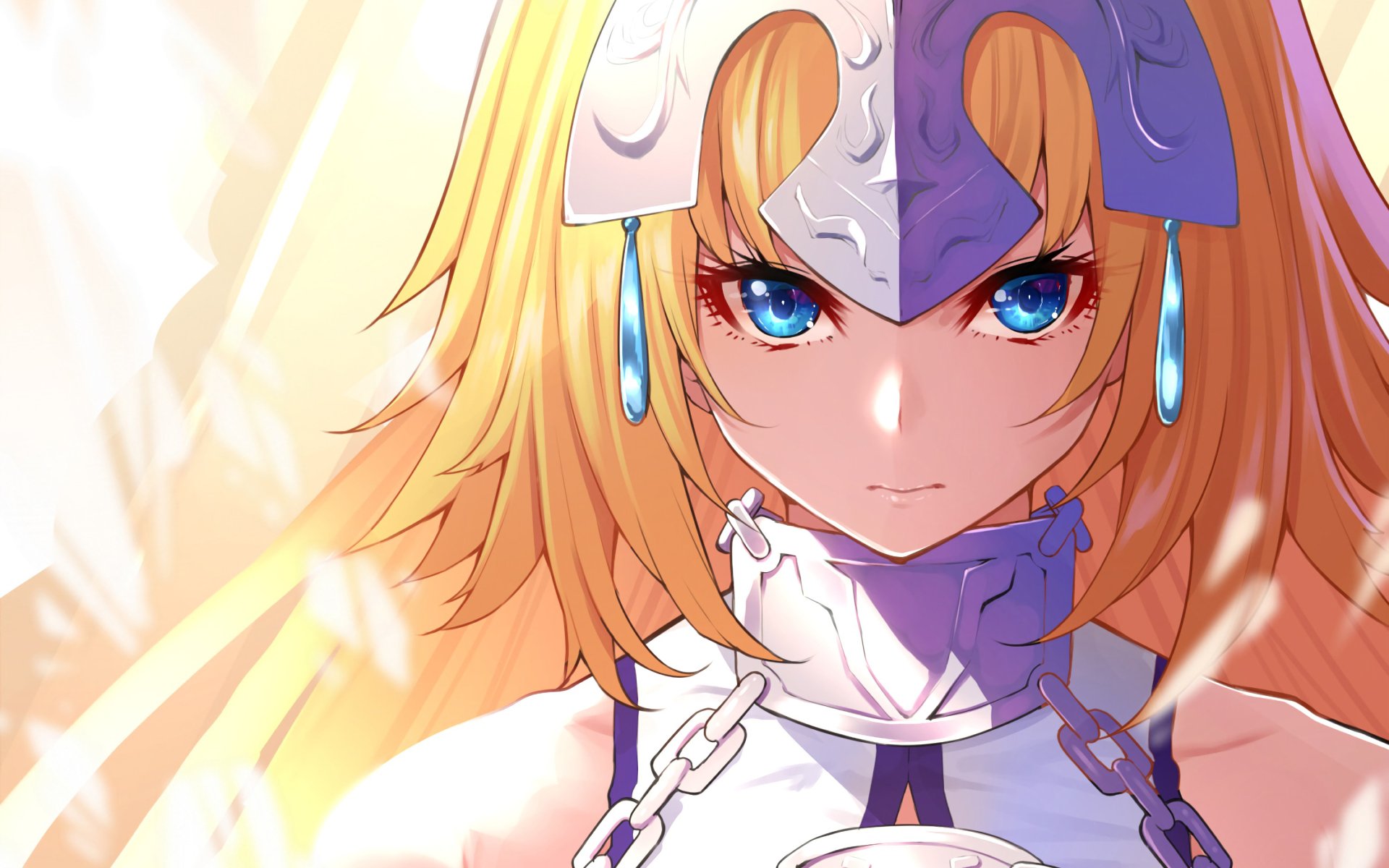 Close-up anime portrait of Jeanne d'Arc (Ruler, Fate/Apocrypha) with blonde hair, vivid blue eyes, ornate headpiece and armor; 2K Quad HD PC desktop wallpaper (Fate/Grand Order).