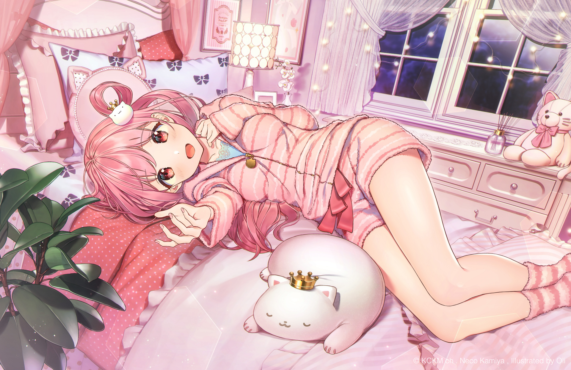 Anime girl with pink hair lies down on a cozy bed, surrounded by plush decor, a cat, and fairy lights. This HD desktop wallpaper radiates a soft, whimsical atmosphere.