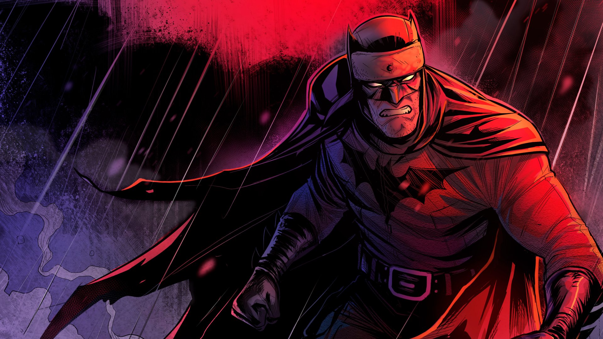 Stylized DC Comics Batman comic illustration: brooding hero in red-and-purple rain, cape billowing — 2K Quad HD PC desktop wallpaper/background.