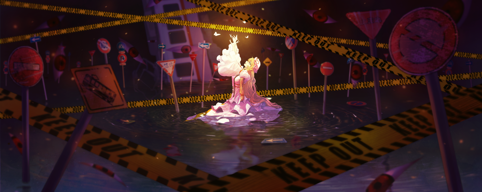 Yukari Yakumo from Touhou anime stands in a reflective water scene surrounded by caution tape and street signs, rendered in detailed 4K Ultra HD for a striking PC desktop wallpaper.