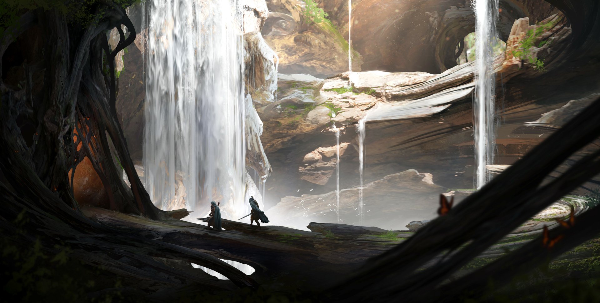 A fantasy forest scene with towering trees and cascading waterfalls, captured in HD quality as a vivid PC desktop wallpaper.