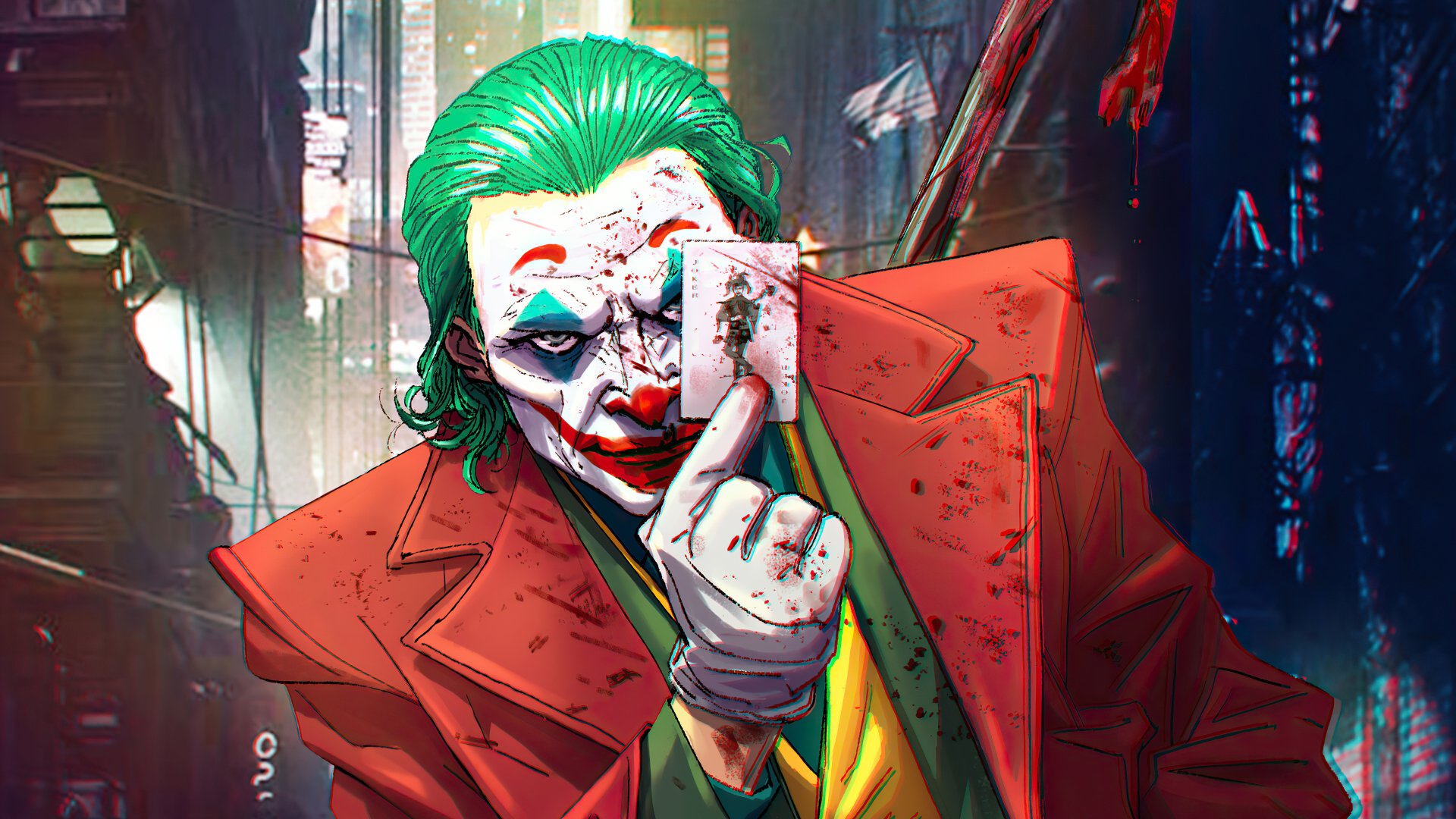 4K Ultra HD PC desktop wallpaper of DC Comics Joker: comic-style close-up with green hair, white face paint, red suit, smeared makeup, holding a blood-streaked card in a neon city.