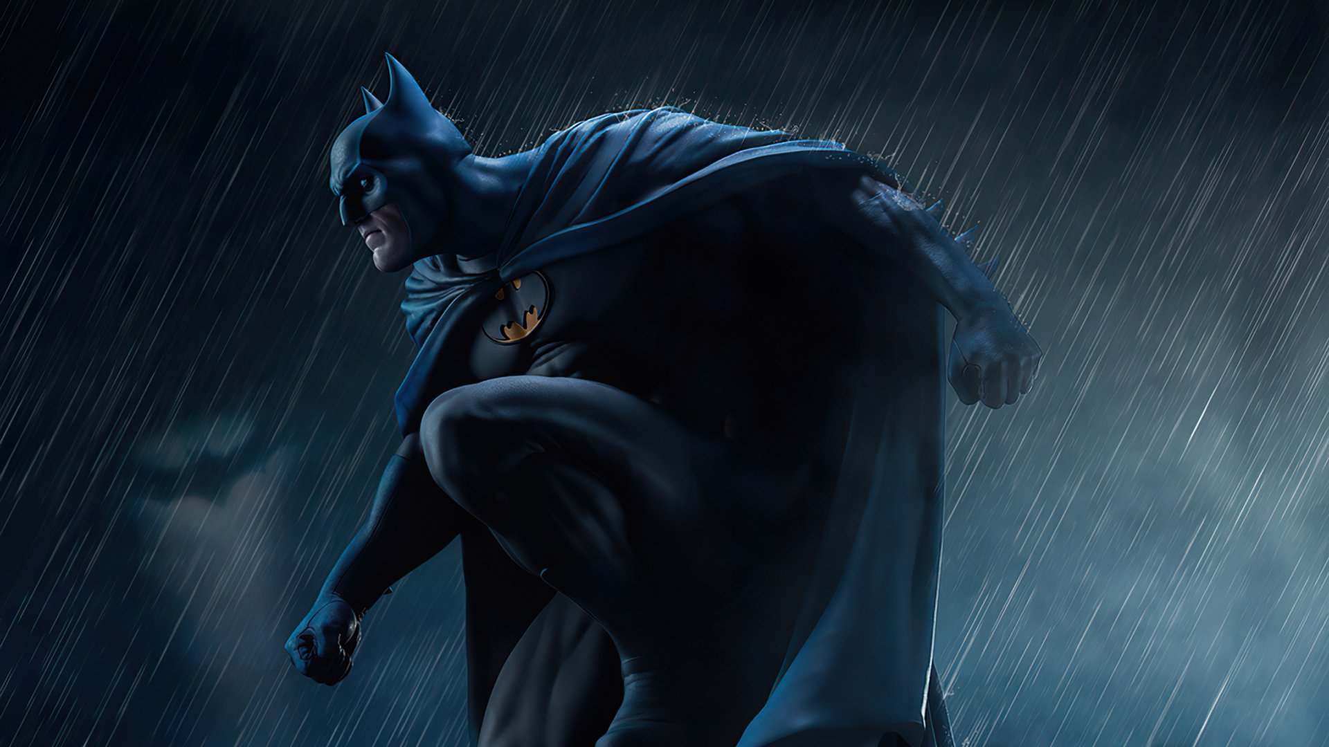 HD PC desktop wallpaper featuring Batman from DC Comics, shown crouched in the rain with his cape flowing against a dark, stormy background.