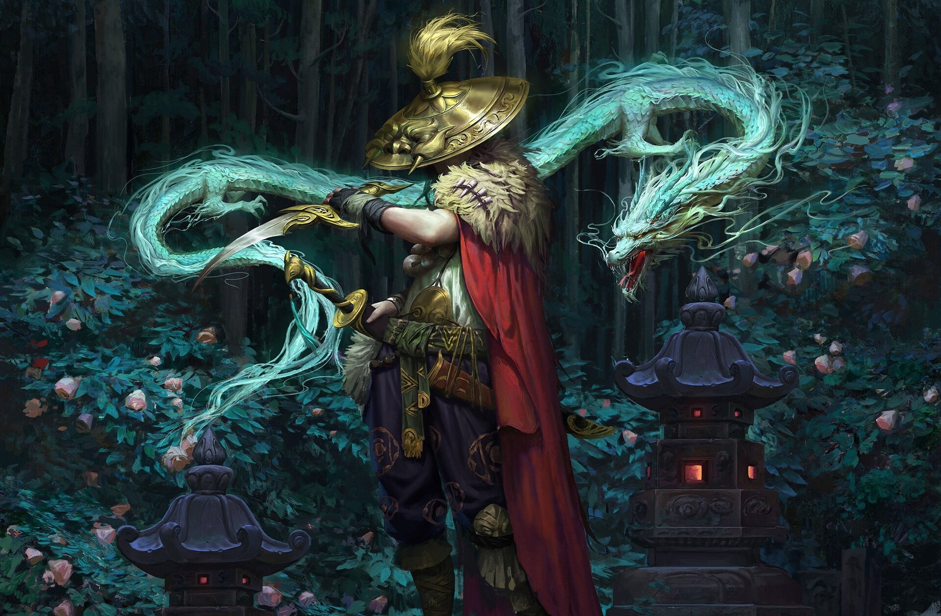 A fantasy warrior wearing a hat and red cape wields a glowing dagger while conjuring a radiant dragon in a lush, mystical forest. This HD desktop wallpaper emanates a magical and adventurous aura.