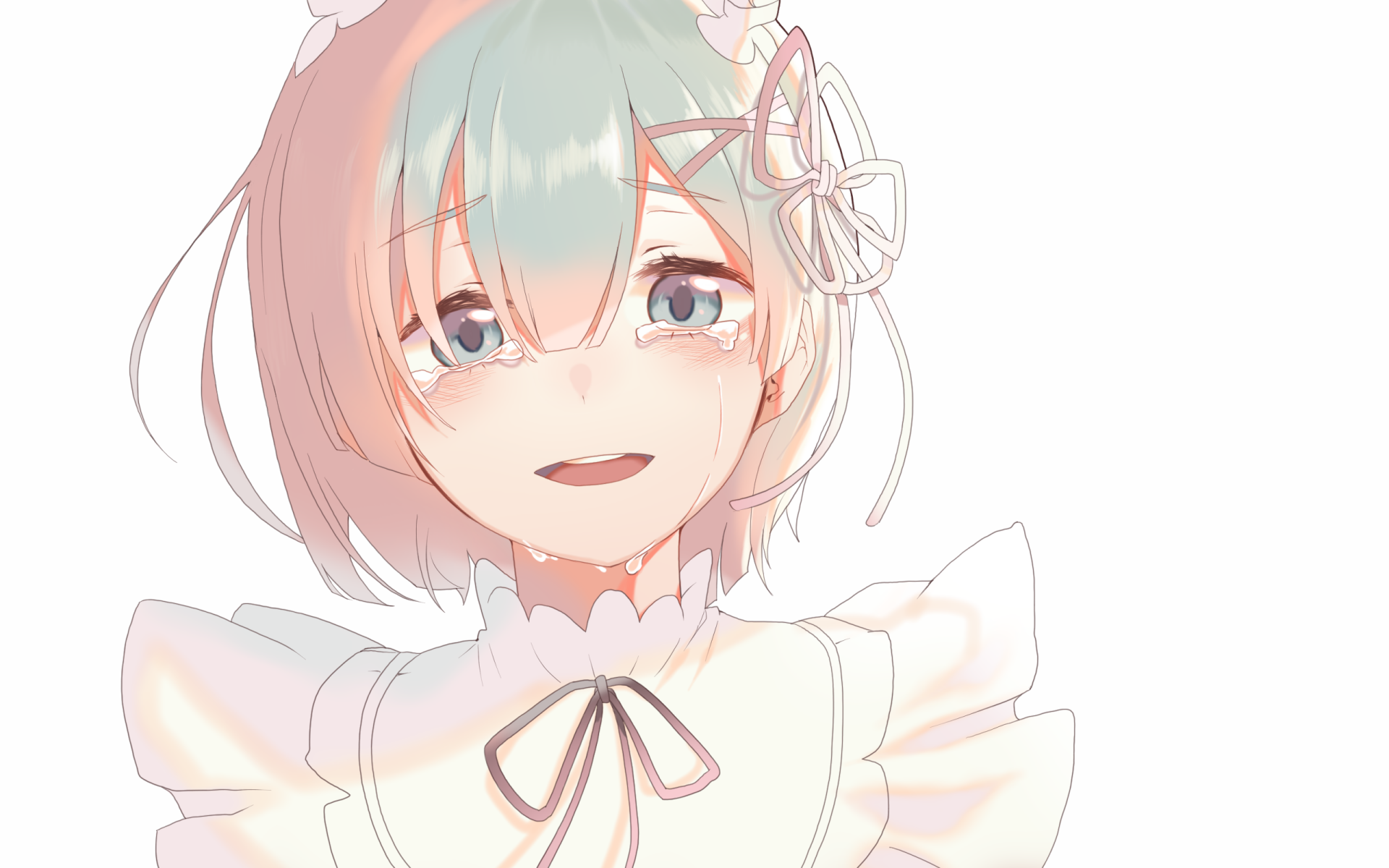 Rem (Re:ZERO) anime close-up, smiling in a pastel maid outfit with headpiece — Re:Zero - Starting Life in Another World, 2K Quad HD PC desktop wallpaper/background.
