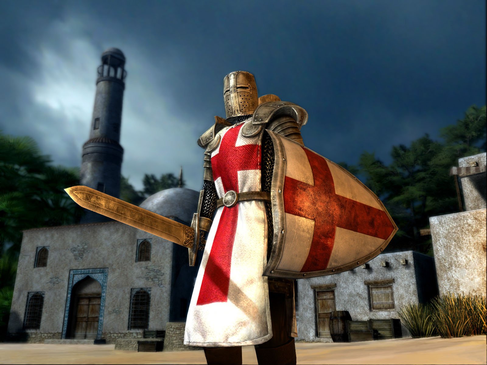 HD PC wallpaper of a Templar knight from Assassin's Creed: armored crusader with red cross on shield and tabard, sword raised, standing before a medieval coastal town and watchtower.