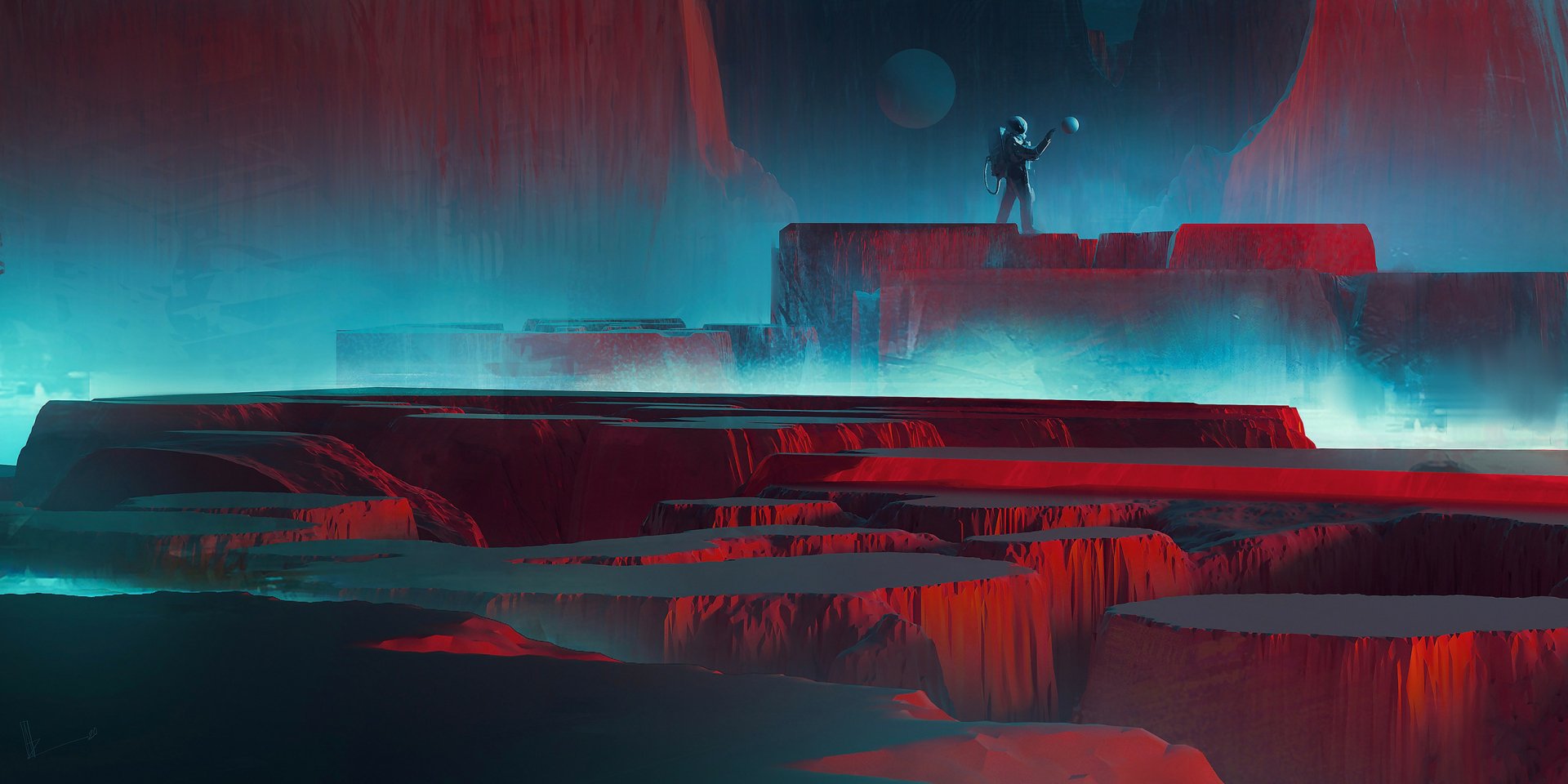 An HD sci-fi desktop wallpaper featuring an astronaut exploring a surreal, red and blue alien landscape.