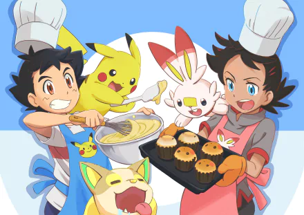 4K Ultra HD anime desktop wallpaper of Ash Ketchum and Goh with black two-toned hair and brown and blue eyes, wearing chef hats and baking muffins with Pikachu, Yamper and Scorbunny.