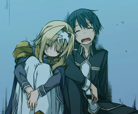 HD PC wallpaper featuring Kazuto Kirigaya (Kirito) and Alice Zuberg from the anime Sword Art Online: Alicization, both sitting closely with relaxed expressions.