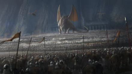 HD fantasy desktop wallpaper depicting a warrior army facing a massive dragon atop ancient stone steps in a dark, epic battle setting.