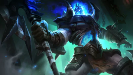 HD PC desktop wallpaper and background: a blue‑flamed armored warrior from the video game Mobile Legends: Bang Bang, wielding a polearm amid swirling darkness.
