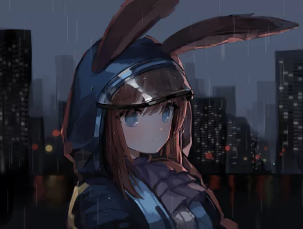 HD wallpaper featuring Amiya from Arknights, with brown hair and aqua eyes, wearing a raincoat with animal ears, standing in the rain at night with a cityscape in the background.