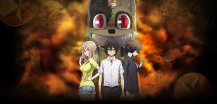 HD PC wallpaper featuring Shuichi Kagaya, Kurea Aoki, and Erena Aoki from the anime Gleipnir, set against a fiery background with a large mascot figure behind them.