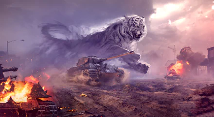 HD PC desktop wallpaper from the video game World of Tanks features a Tiger tank advancing through a fiery battlefield with a giant, ghostly tiger looming in the smoky sky.