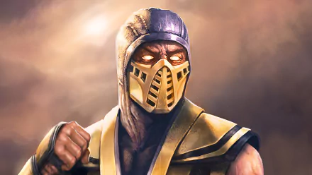 Close-up HD PC desktop wallpaper of Scorpion, the Mortal Kombat video game character — masked ninja in yellow armor with glowing eyes and a clenched fist against a smoky, dramatic background.
