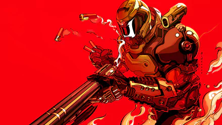 A dynamic HD desktop wallpaper featuring Doomguy, the warrior from the DOOM Eternal video game, against a bold red background, armed and ready for battle with shells flying and flames surrounding him.