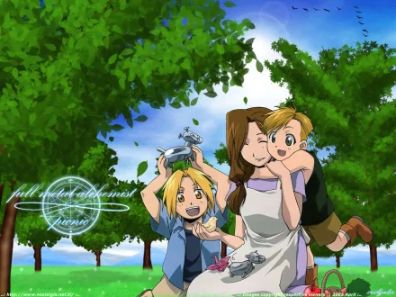 HD PC desktop anime wallpaper of Fullmetal Alchemist: Trisha Elric smiling as young Edward and Alphonse play beneath leafy trees and a bright blue sky.