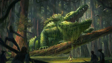 HD fantasy PC wallpaper showing a terrifying crocodile-like creature resting on a log deep in a dark, eerie forest, with shadowy human figures observing nearby.
