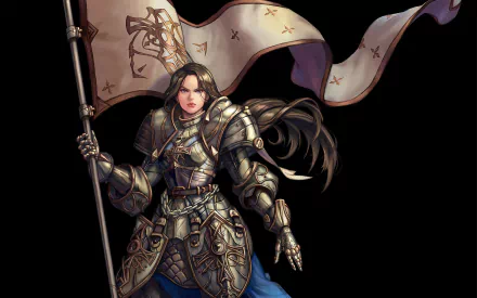 A fantasy knight resembling Joan of Arc with long brown hair, clad in detailed armor, holding a banner against a dark background in HD quality.