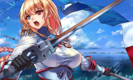 HD PC desktop wallpaper: anime Warship Girls Joan of Arc–style blonde with heterochromia, shouting as she brandishes a sword, French flag billowing over the ocean.