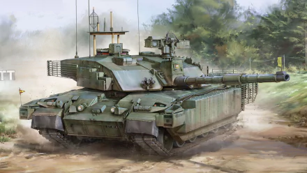 HD desktop wallpaper featuring a detailed digital illustration of a Challenger 2 military tank in a dusty, wooded environment.