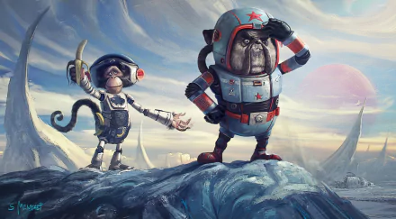 HD PC desktop wallpaper depicting a sci-fi scene with a monkey and a dog dressed as astronauts, exploring an alien landscape with a banana-shaped planet in the sky.
