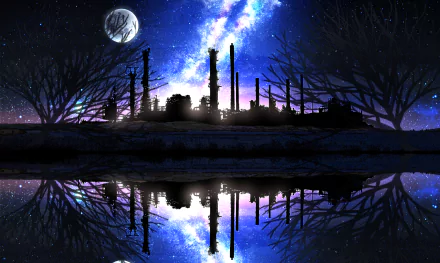 Anime HD wallpaper featuring a factory silhouetted against a starry sky with a moon, reflecting perfectly in a lake below. The scene is set at night, creating a serene and dreamy atmosphere.