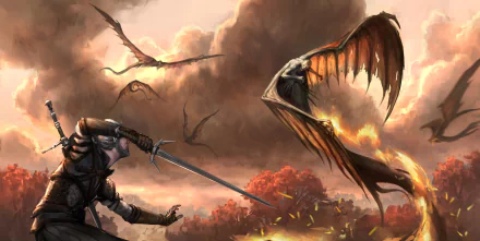 Geralt of Rivia, sword drawn, confronts a fiery winged creature above a burning field — The Witcher 3 2K Quad HD PC desktop wallpaper.