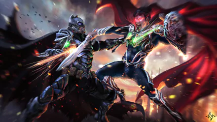 Epic 4K Ultra HD wallpaper of Batman and Superman from DC Comics locked in intense battle, showcasing dynamic action and vivid comic-style detail.