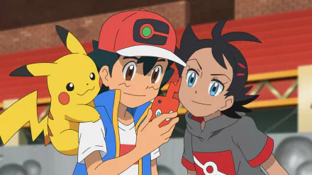 Anime-style HD wallpaper featuring Ash Ketchum with black and two-toned hair, wearing a cap, and Goh with black hair, alongside Pikachu, both with blue and brown eyes in a Pokémon scene.